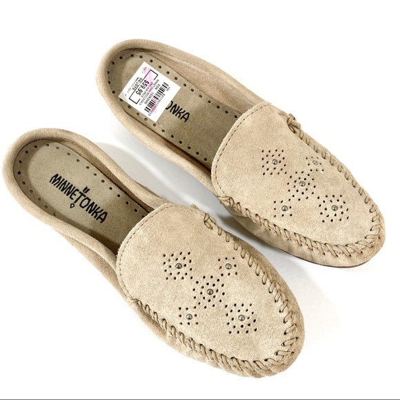 minnetonka suede moccasin mule with studs